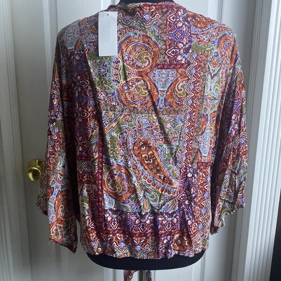 Just Polly New York V-Neck Top Tie Waist Wide Sleeve Multi Color sz XL NWT - Picture 5 of 7